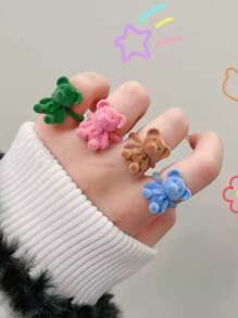 1pc Cute Klein Blue Flocked Small Bear Adjustable Ring For Women