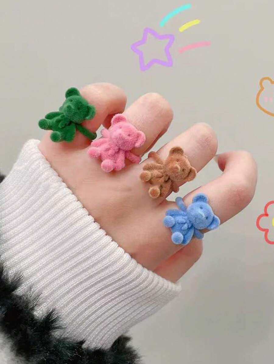 1pc Cute Klein Blue Flocked Small Bear Adjustable Ring For Women