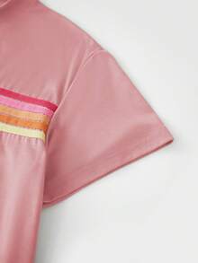2 Piece Lounge Sets For Women Summer Rainbow Striped Tops Casual Shorts Color Blocked Suit Sweatshirts Set - Pink - View 4