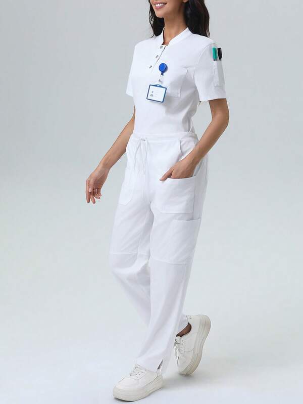 Women's Nursing Solid Color Simple Multi-Pocket Comfortable Scrub Pants Spring White