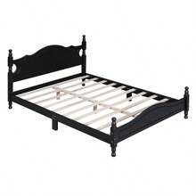Cama de plataforma de madera tamaño queen, cama de plataforma de estilo retro con soporte de listones de madera, negro-805 - Multicolor - Ver 5