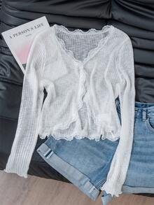 女士蓝色蕾丝边 V 领罩衫，可爱返校夏季披肩轻便外套 - 白色 - 查看 8