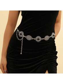 1pc Gold Tone Metal Floral Engraved Women's Waist Chain