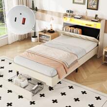 Upholstered Bed 90x200 Cm, Flat Bed With LED Warm Light, USB Socket, And Fold-Out Headboard, Single Bed With Storage Compartment, Drawers And Storage Space, Cotton Linen, Suitable For Teenagers' Rooms And Bedrooms