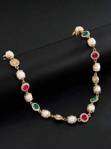 Collar retro, lujoso y simple con cristal multicolor y perla artificial, adecuado para uso en fiestas y como regalo para hombres - collar de perlas de imitación - Ver 14