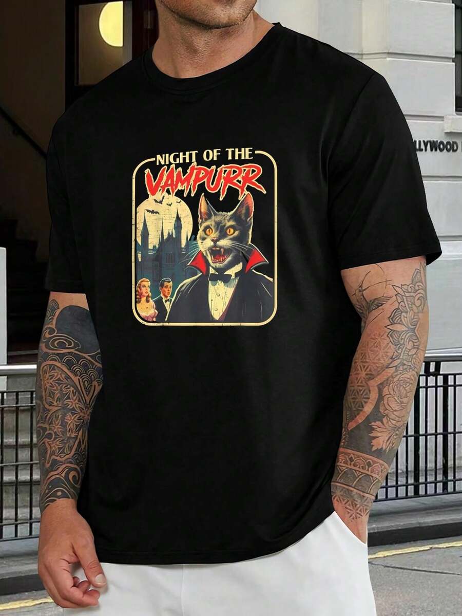 Camiseta divertida de gatito vampiro - Camiseta vintage retro de Halloween para hombres y mujeres - Camiseta gráfica de Noche del Vampurr Cat - Regalo para marido - Negro - Ver 1