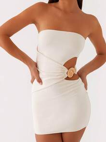 Women's Slim Fit Mini Dresses 2026 Summer Y2K Club Night Out Party Solid Strapless Tube Short Bodycon Dress - Màu be - Xem 3