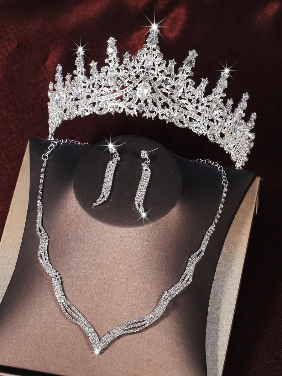 1 Set luxuriöser Brautaccessoires inklusive Strass-Krone, einfacher gewellter Halskette & Ohrringe, 4 Stücke Hochzeitschmuckset für Brautkleid, geeignet für Hochzeit, Veranstaltung, Party
