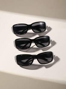 1 件女士街头嘻哈水钻镶嵌矩形时尚黑色眼镜，适合节日出游、节日派对和音乐节 Y2K Fest 音乐节，适合夏季海滩度假、户外、旅行