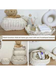 Scalloped Basket With Lid Set Of 3,Stackable Baskets For Organizing, Scalloped Wicker Basket, Woven Basket With Lid, Rattan Storage Baskets With Lid, Basket With Lid Decorative Storage - Rattan - View 11