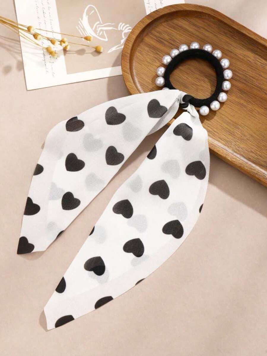 1 件心形可爱珍珠发带，可扎马尾辫、戴在手上或绑在头顶 - 彩色 - 查看 1