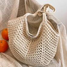 Women Beach Tote Bag, Hollowed Crochet Shoulder Bag Large Capacity Handbag Summer Pool Bag - Beis - Ver 2