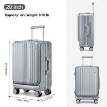 Sea Choice Front Opening Luggage 20 Inch PC Hard Shell Suitcase Hand Luggage Front Open With YKK Zipper TSA Lock 4 Wheels Computer Compartment USB Charging Ports & Cup Holder - Silver - View 3