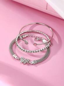3pcs Luxury Simple Personalized Rhinestone Butterfly & Heart Design Stacking Bangle Bracelet Set For Women, Elegant