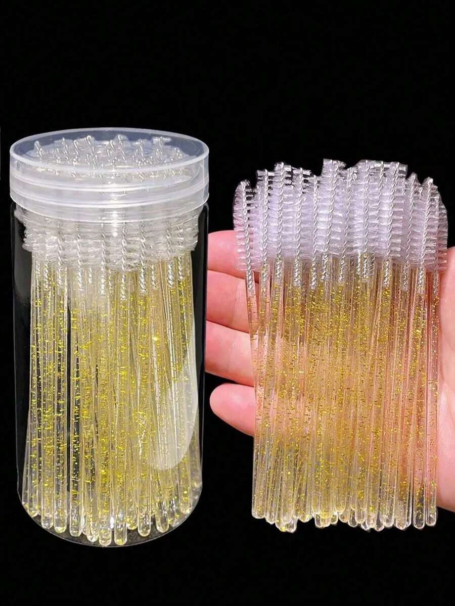 100支睫毛膏刷棒 水晶眉刷（適用於睫毛接種） 粉色睫毛刷（附收納盒） 眉刷 眼影刷 螺旋刷 贈品 - 金色 - 查看 1