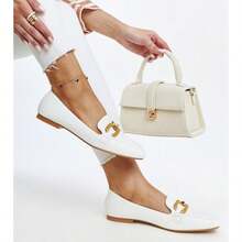 Women Fashion Metal Buckle Decor White Flats - White - View 3