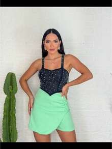 Cropped Top In Shiny Rhinestones With Strap And V-Neck Ballad - Black - View 2