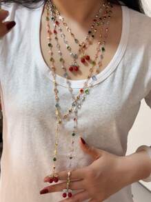 2 pezzi Collana lunga con ciondolo a forma di Y, con ciondolo a forma di ciliegie rosse metalliche e choker di cristalli colorati, gioielli stile boho, regalo per donna, adatto per occasioni