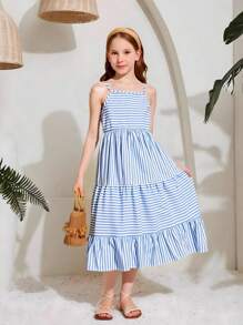1 pièce Robe camisole à rayures confortable et décontractée pour jeunes filles, convient pour les fêtes, les sorties décontractées, les vacances, les activités extérieures, l'été