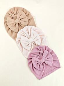 Set de 3 gorros de bebé recién nacido en unicolor, elásticos, con venda de moño - Multicolor - Ver 12