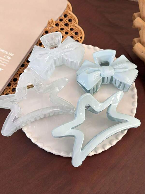 4pcs Solid Color Star Hair Clips, French Sweet Heart Cream Blue Bowknot 5-Pointed Star Hair Clips, Braid Hair Clips, Hair Claw For Girls' Hair Accessories Summer