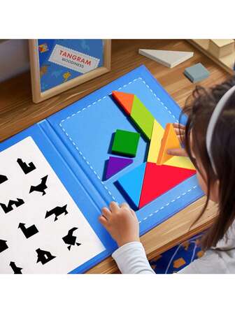 7-Piece Wooden Tangram Puzzle Book, Portable Travel Game Toy For Children Aged 3-8, Educational Learning Puzzle Toy For Car, Plane, Or Restaurant