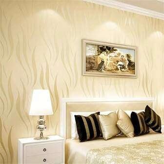 米色无纺布壁纸，时尚简约 3D 波浪图案，泡沫防水，长度可选，卧室/客厅装饰，全墙覆盖家居装饰墙面装饰浴室浴室装饰墙纸壁纸厨房
