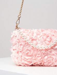 Elegant 3D Flower Handbag, Pearl Bag, Metal Chain Shoulder Bag, Prom Accessories, Prom Bag, Prom Dresses For Women, Elegant Bag For Women (Pattern Random) - Pink - View 5