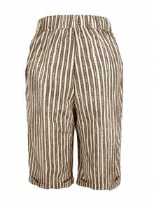 无方向性女式条纹口袋抽绳百慕大短裤，休闲装