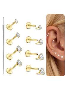 Milacolato G23 Titanium Threadless Flat Back Earrings Studs Hypoallergenic 14K Gold Filled Nose Rings Studs 20G/18G/16G Labret Studs Lip Ring Push In Helix Tragus Medusa Monroe Piercing Jewelry - Flat Back Earrings - 查看 8