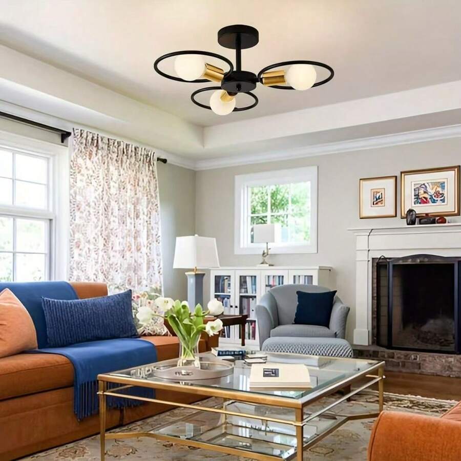 American Style Three Headed Wrought Iron Ceiling Light, Living Room, Bedroom, Dining Room, Balcony, Black, Creative And Simple Lighting Fixtures - 三頭鐵圈吸頂燈 - 查看 1