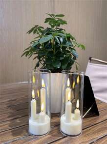 1pc/2pcs Flame LED Candle Light In Clear Plastic Holder, 7.5 Cm Diameter X 15 Cm Height, Flameless Warm Light Battery Powered For Weddings And Parties Birthday Garden Balcony Porch Ambiance Decorative Candles (Batteries Not Included)