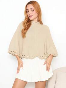 Knitted Poncho With Wave Detail - 沙 - 查看 1