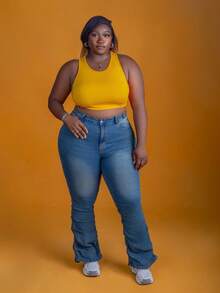 CurvyTilda Tildaharris Plus Size Women Retro Denim Flare Pants With Side Pleats, Slimming, Blue, For Hourglass Body Shape - Blue - View 7