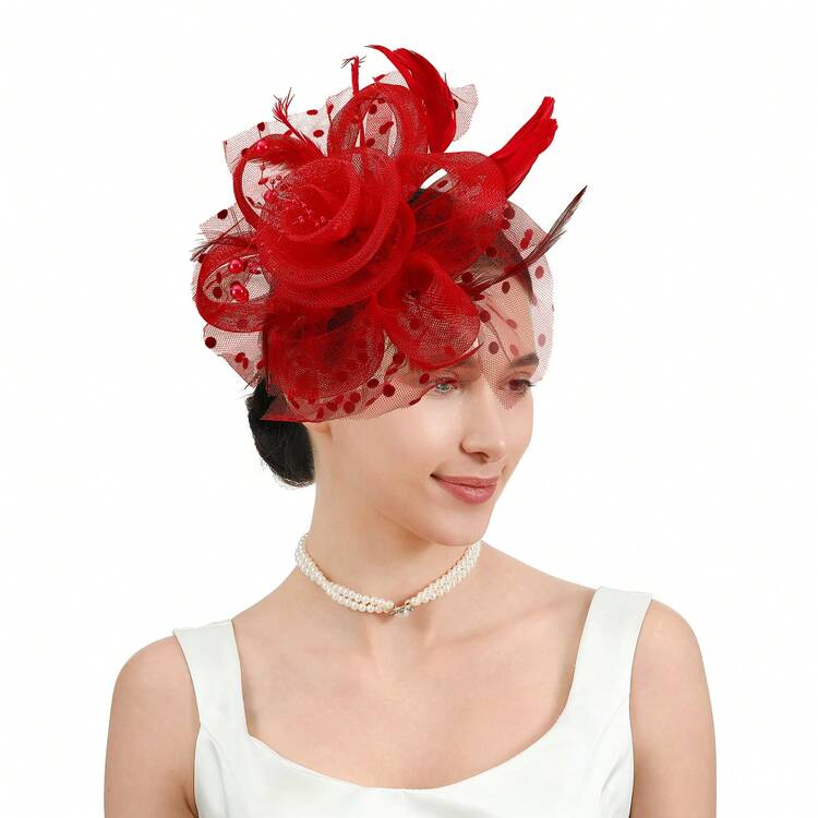 1PC Fascinators Hat For Women Tea Party Headband Kentucky Derby Wedding Cocktail Flower Mesh Feathers Hair Clip - A - 查看 11