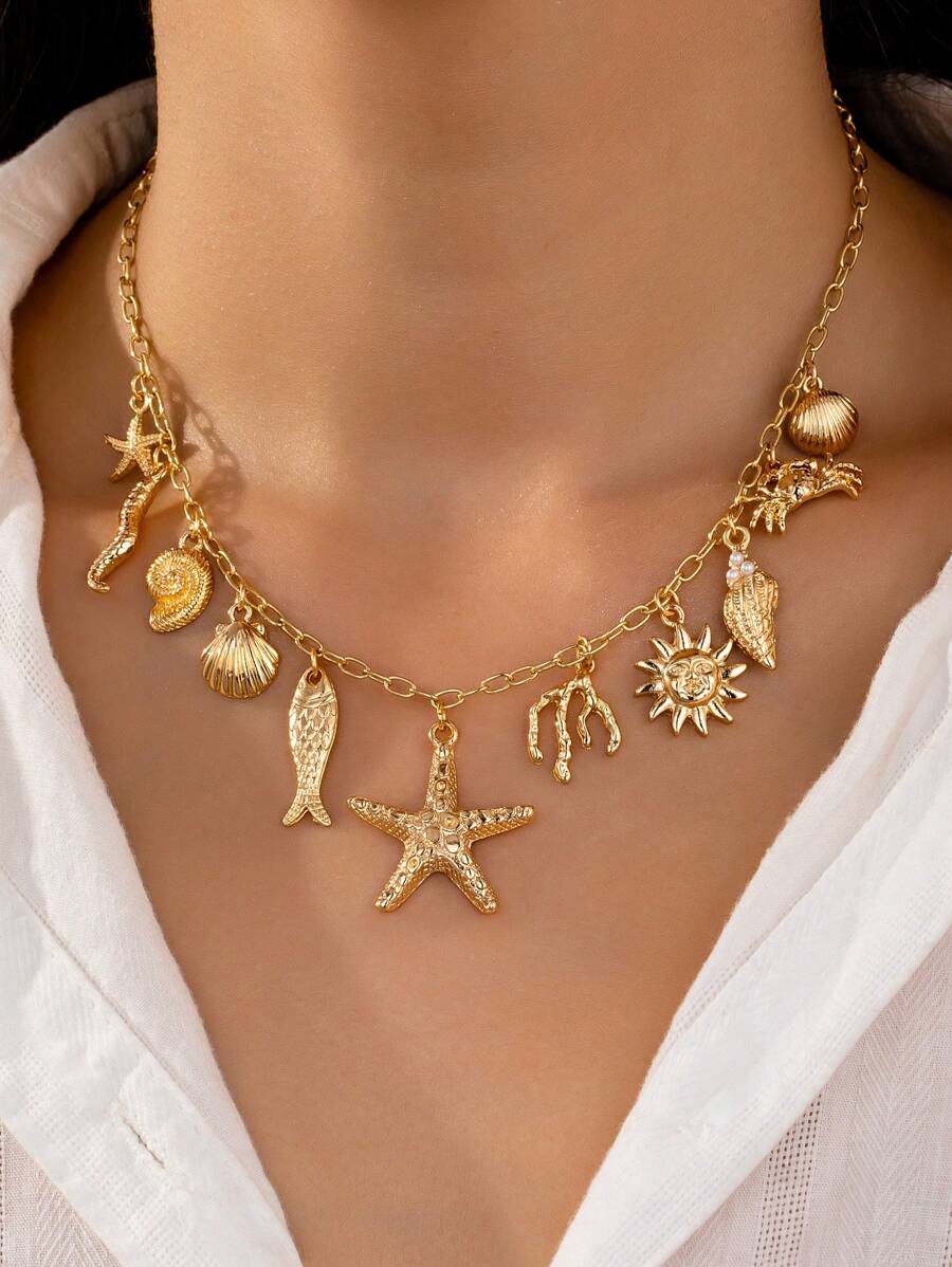 1 stuk zomerse zee strand stijl zeester bedel ketting, zee thema strand elementen zonnestralen vis hanger kettingen, dames sieraden geschikt voor strand reizen, feest, roeping accessoires