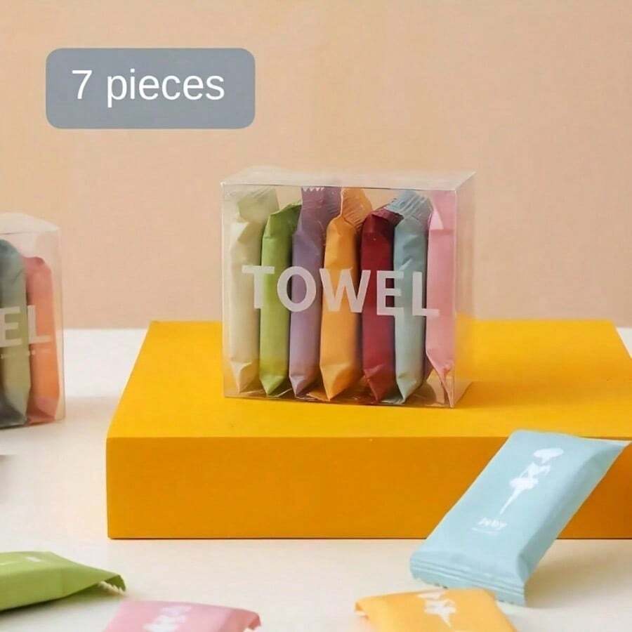 7Pcs Portable Compressed Disposable Towels, Thickened Compressed Disposable Facial Tissues, Ideal For Travel And Home Use (Random Color) - 7 miếng/gói - Xem 1