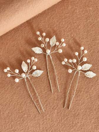 3-delige zilveren blad- en parelhaarspeldaccessoires Elegante bruidsaccessoires