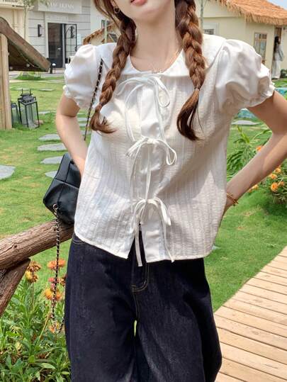 Sweet Peter Pan Collar Tie-Bow Puff Sleeve Blouse, Summer Shirt For Women