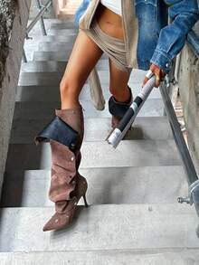 Fashion Women's Pleated Knee High Boots Pointed Toe Stiletto High Heel Detachable Snap-Off Shoes For Women Sexy Party Dressy Jean Fold Boots - 棕色 - 查看 4