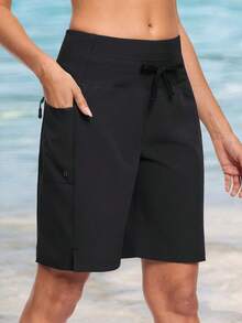 Womens 9" Swim Shorts UPF 50+ Quick Dry High Waisted Swim Trunks For Women With Liner & Zipper Pockets - Black - View 1