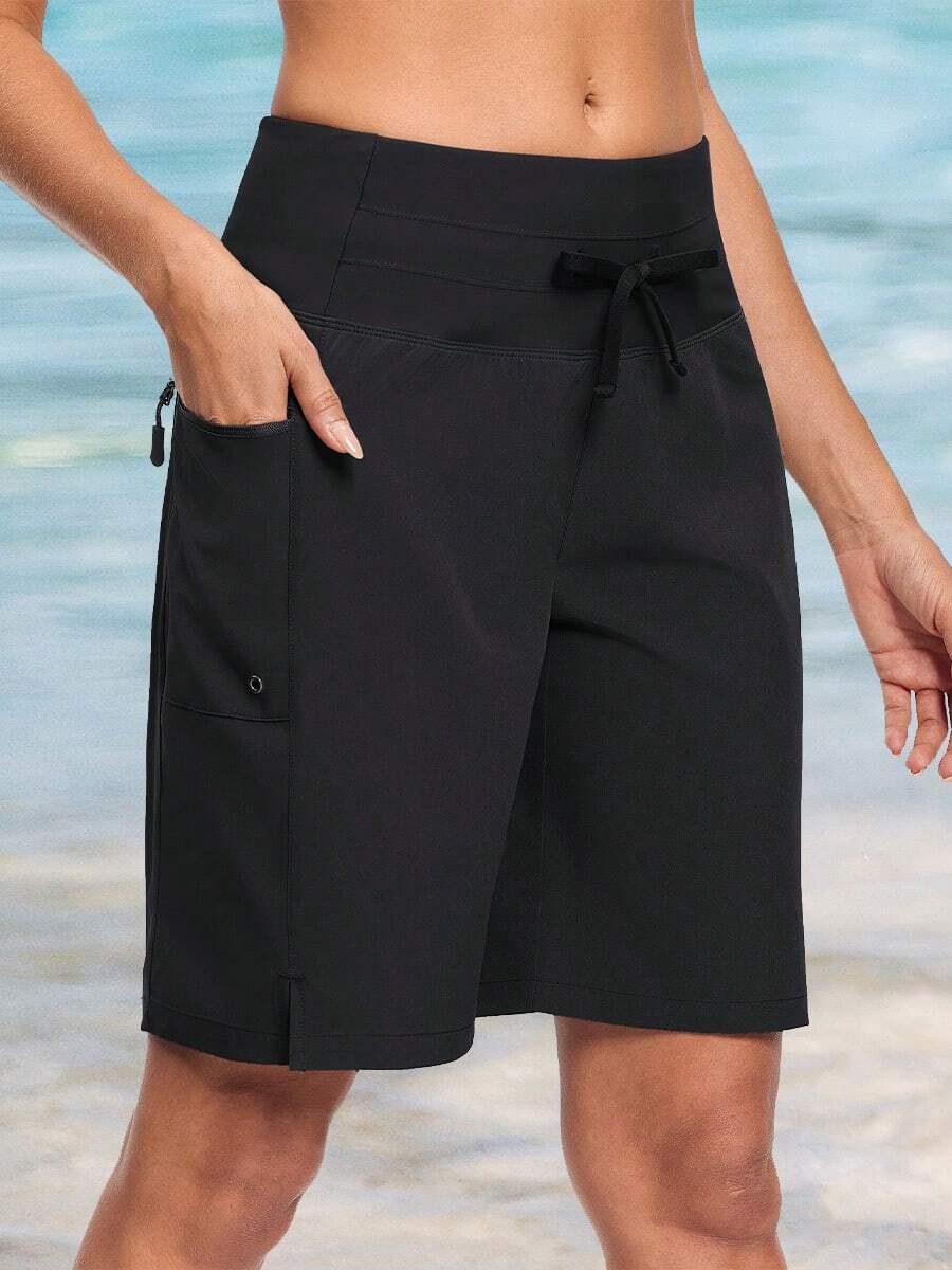 Womens 9" Swim Shorts UPF 50+ Quick Dry High Waisted Swim Trunks For Women With Liner & Zipper Pockets - Black - View 1