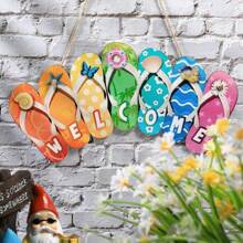 1 Stück Sommerschuhe Hängeschild Form Willkommen Hallo Flip Flop Holztür Schild Rustikales Wandschild Garten Innendekoration Außendekoration