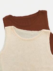 2pcs/Set Solid Color Round Neck Semi-Sheer Minimalist Casual Loose Knit Vest Vacation Beach - Apricot Brown - View 2