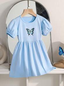 1pc Girls Simple Fashion Butterfly Comfortable Puff Sleeve Round Neck Dress, Spring/Summer - Blue - View 2