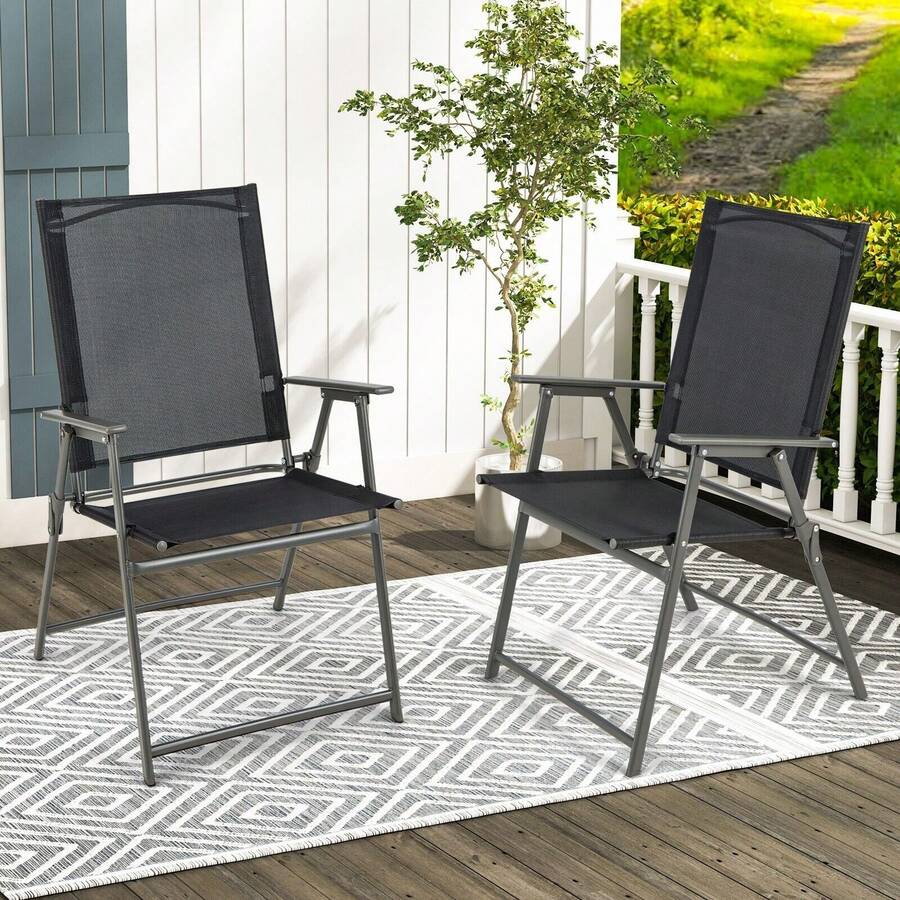 GOFLAME 2 Pieces Patio Folding Chairs, Outdoor Patio Chairs With Rustproof Metal Frame, Outdoor Portable Dining Chairs With Armrests For Deck, Garden, Backyard, Camping - Black - View 1