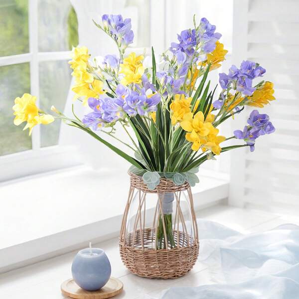 3Pcs Artificial Flower Freesia, For Spring Summer Indoor And Outdoor Decoration, Long Stem Plastic Flowers, For Wedding, Party, Easter, Mother's Day Decoration