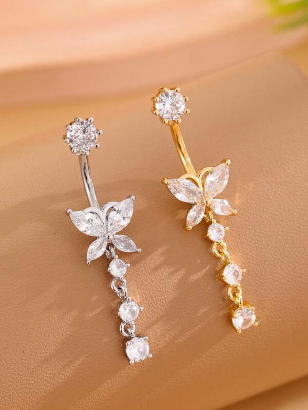 1pc Stainless Steel Butterfly 3-Ring Belly Button Piercing With 5mm Zirconia Stone, Sexy Women's Belly Button Jewelry