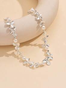 1 chiếc vòng cổ hoa bạc thanh lịch mùa hè, vòng cổ hoa đính ngọc trai giả kiểu dáng ngọt ngào, thời trang, phù hợp để đeo hàng ngày, đi nghỉ mát và làm trang sức cưới. - Bạc - Xem 4
