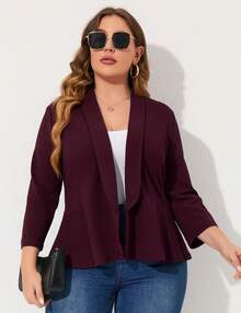 Yesfashion Women's Plus Size Blazer Notch Panel V Neck Ruffle Button Work Office Suit Jackets Peplum Blazers - 葡萄紫 - 查看 2